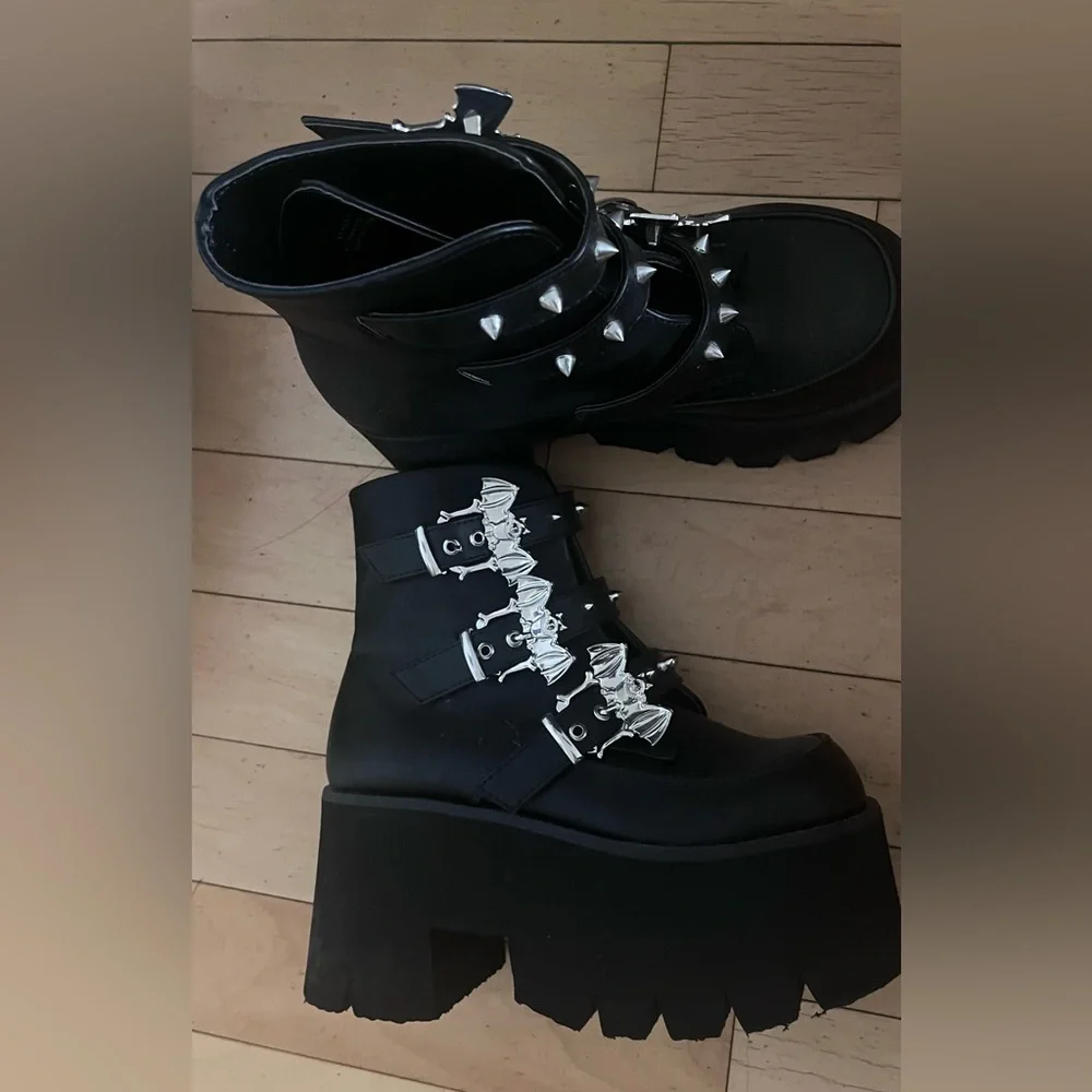 Demonia Black Ankle Boots with Silver Accents - Picture 3 of 6